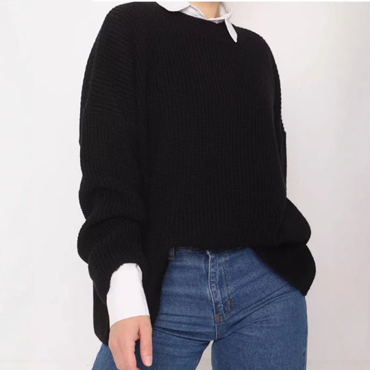 Damen Lässiger Grobstrickpullover mit weiten Ärmeln und modernem Schnitt EB