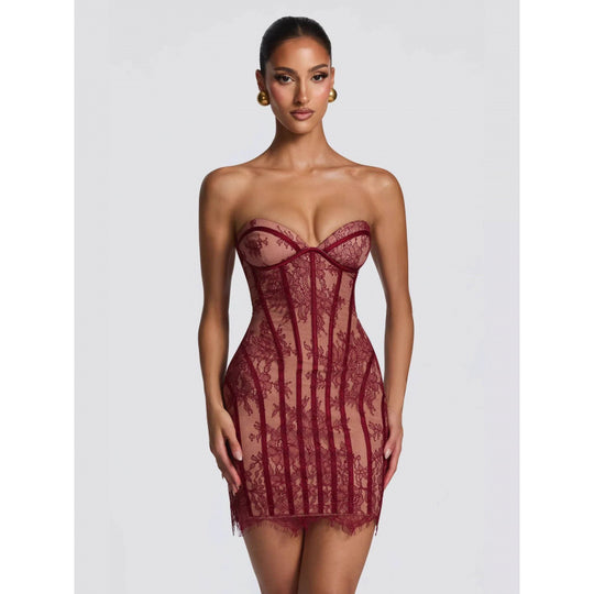 Damen Sexy Spitzenkleid mit gerafftem Schnitt und herzförmigem Ausschnitt EB