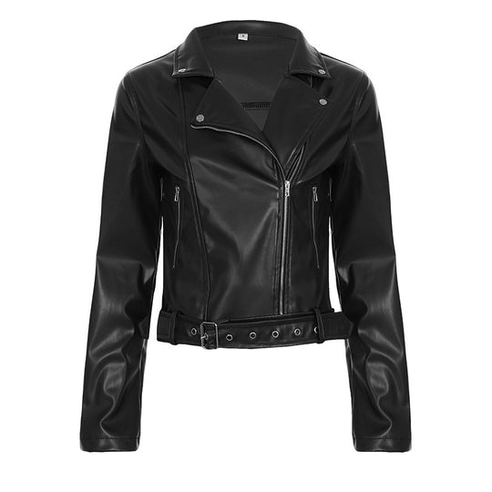 Damen nan taillierte Bikerjacke aus Kunstleder mit asymmetrischem Reißverschluss, metallischen Details und Taillengürtel EB