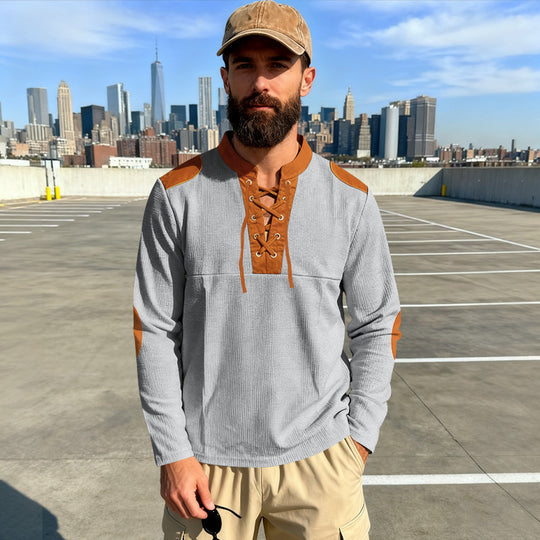 Herren Waffelstrick-Langarmshirt mit Schnürung und Kunstvelours-Ellbogenpatches EB