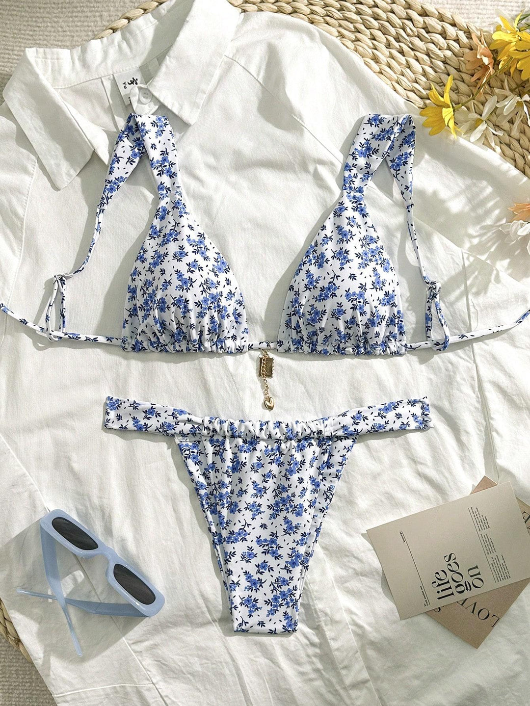 Damen Triangel-Bikini mit floralen Mustern und verstellbaren Trägern EB