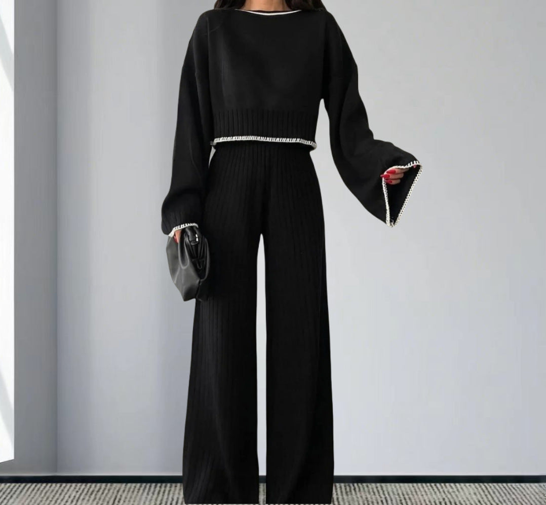 Damen elegantes Strickanzug mit weitem Bein und romantischen Ärmeln EB