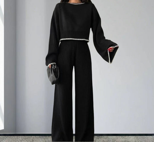 Damen elegantes Strickanzug mit weitem Bein und romantischen Ärmeln EB