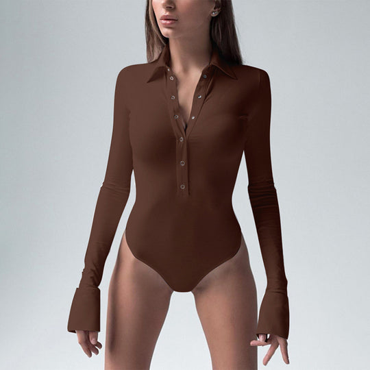 Damen eleganter Langarm-Bodysuit mit Knopfleiste und modischen Details EB