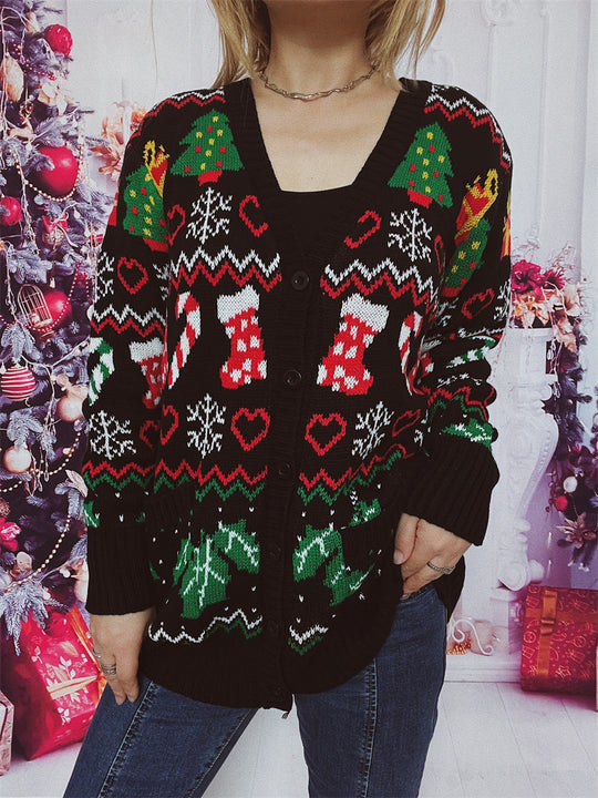 Damen Weihnachts-Strickjacke mit festlichem Motiv und praktischem Knopfverschluss EB