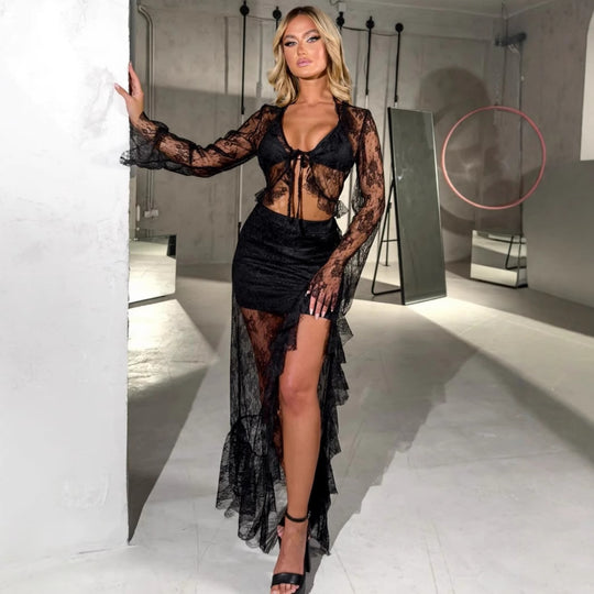 Damen Transparente Bluse mit Rüschenärmel und frechem Bindeband EB