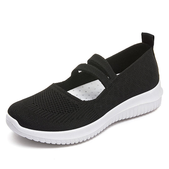 Damen nan gestrickter Slip-On Mary-Jane-Sneaker mit elastischen Riemen, gepolstertem Komfortfußbett und flexibler EVA-Laufsohle EB