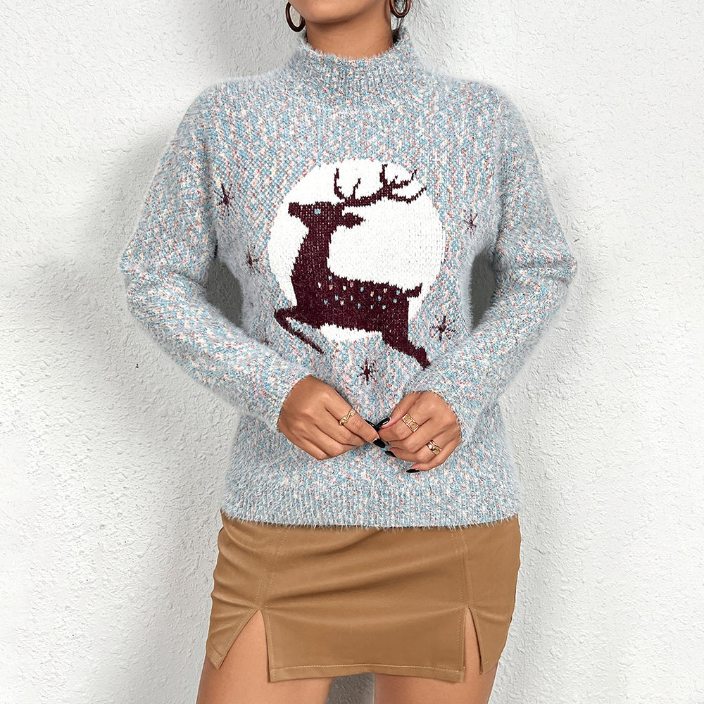 Damen Kuscheliger Rollkragenpullover mit festlichem Rentierdesign EB