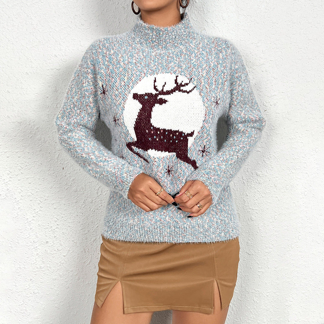 Damen Kuscheliger Rollkragenpullover mit festlichem Rentierdesign EB