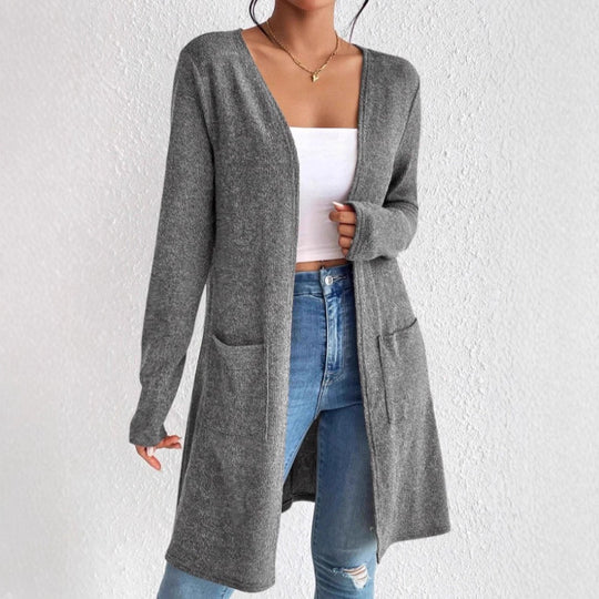 Damen nan offener Longcardigan mit aufgesetzten Taschen und weichem Feinstrick EB