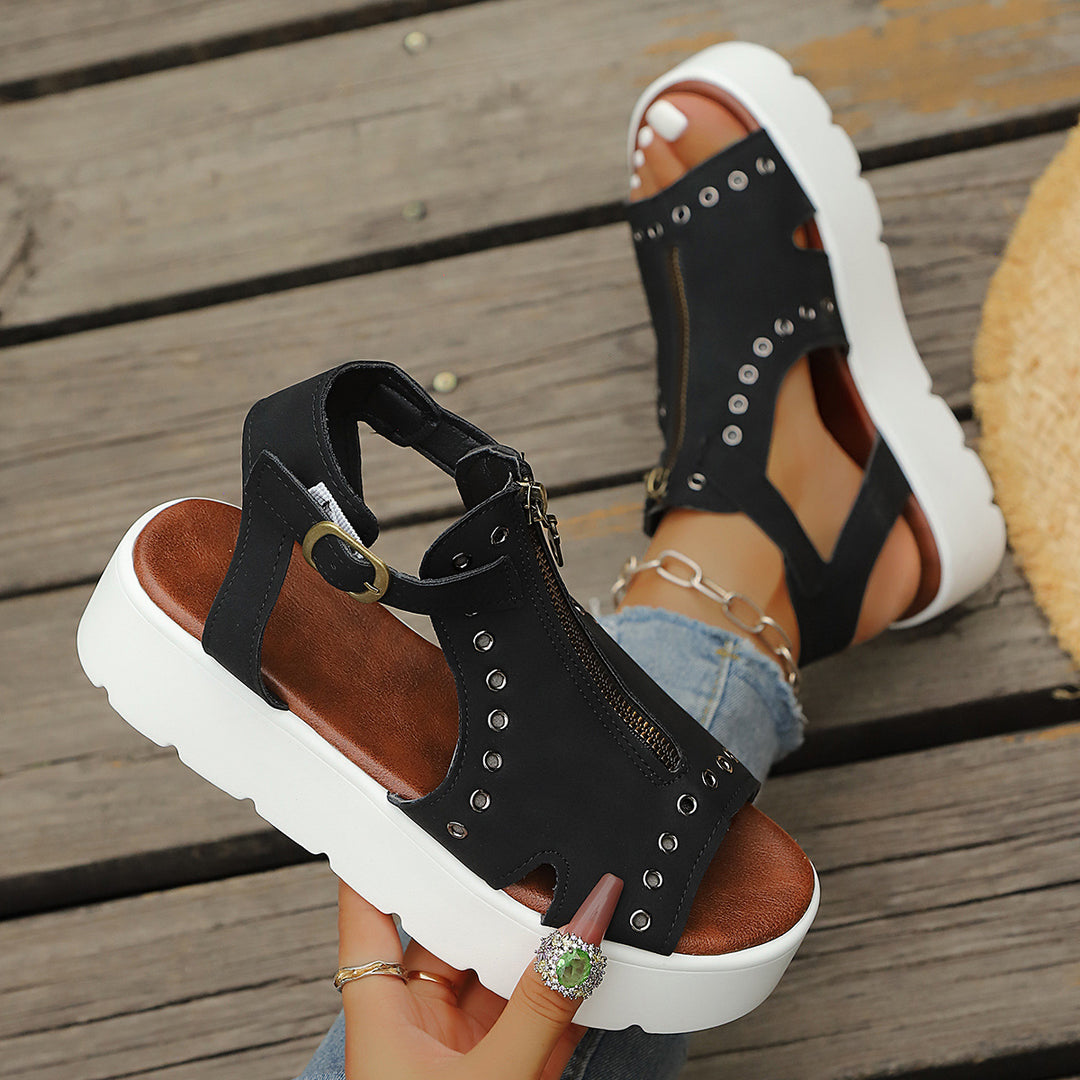 Damen Offene Plateau-Sandalen mit modischem Reißverschlussdesign und eleganten Ösen EB