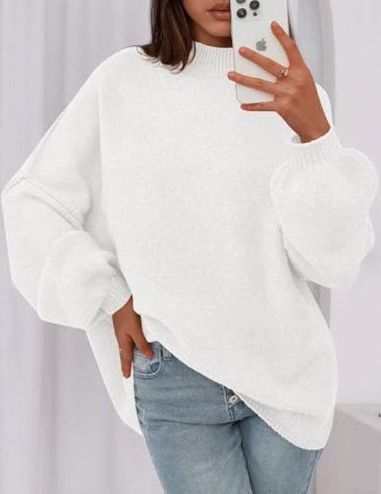 Damen Oversize-Strickpullover mit Stehkragen und Ballonärmeln EB
