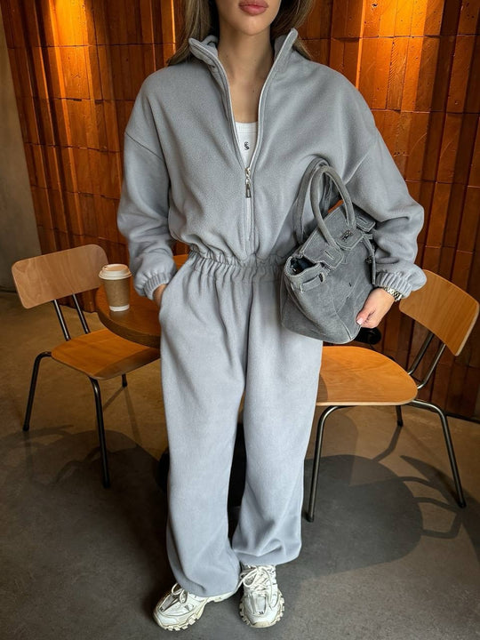 Damen Lässiger Fleece-Hausanzug mit Zip-Kapuze und elastischem Taillenbund EB