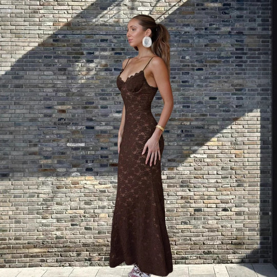 Damen Elegantes Spitzen-Maxikleid mit tiefem V-Ausschnitt EB