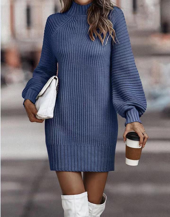 Damen Strickkleid mit weitem Rollkragen und puffärmeligen Details EB