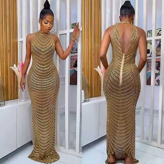 Damen Glamouröses Pailletten-Maxikleid mit figurbetontem Schnitt und schickem Rückenausschnitt EB
