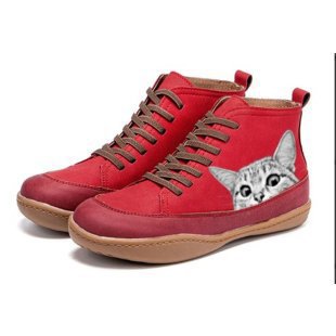 Damen nan knöchelhohe Sneaker mit niedlichem Katzenmotiv Stickerei und ergonomischem Komfortfußbett EB