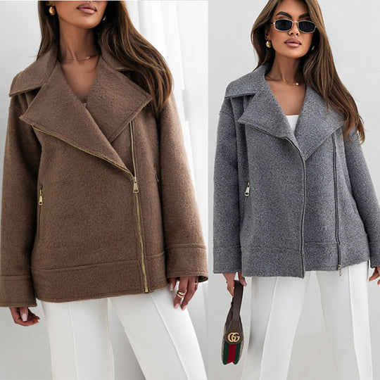 Damen stylische Wolljacke mit asymmetrischem Reißverschluss und großem Kragen EB