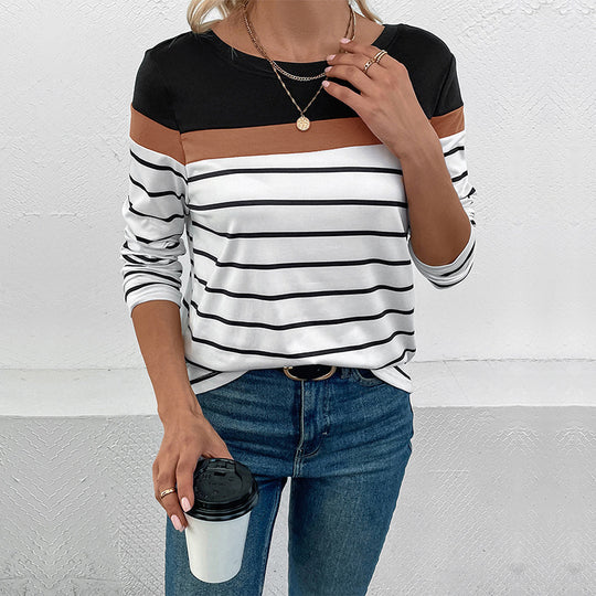 Damen Langarmshirt mit modischem Streifenmuster und farblich abgesetztem Oberteil EB