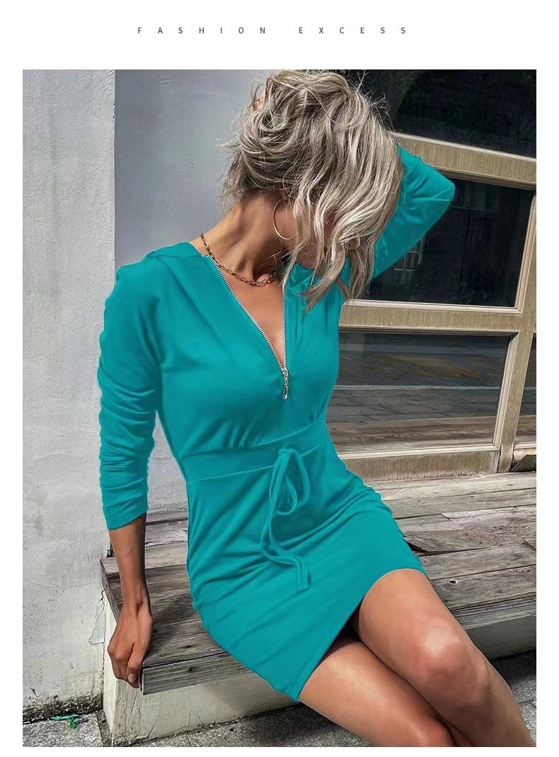 Damen Kapuzenkleid mit Reißverschluss und Taillenzug EB