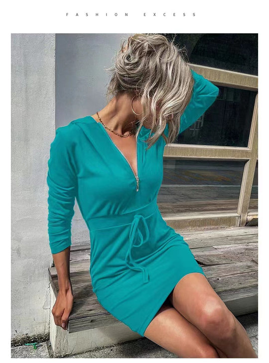 Damen Kapuzenkleid mit Reißverschluss und Taillenzug EB