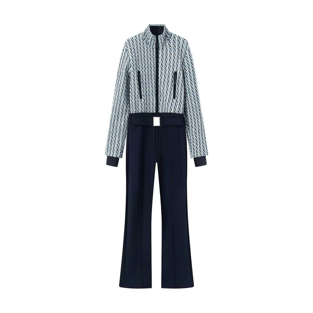 Damen nan kurz geschnittenes Bouclé-Blouson-Set mit Stehkragen, verdecktem Reißverschluss und High-Waist Schlaghose EB