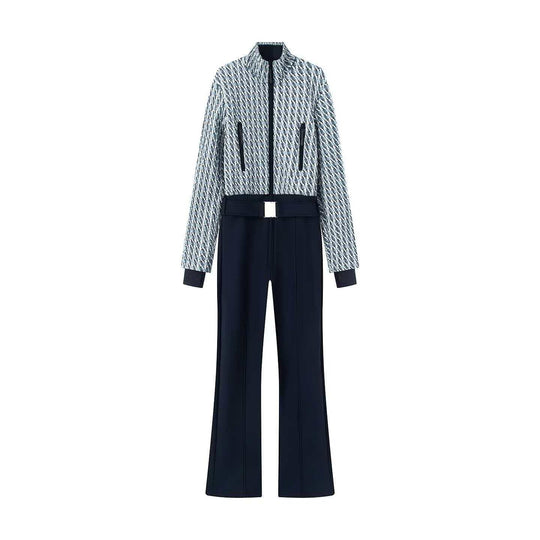 Damen nan kurz geschnittenes Bouclé-Blouson-Set mit Stehkragen, verdecktem Reißverschluss und High-Waist Schlaghose EB