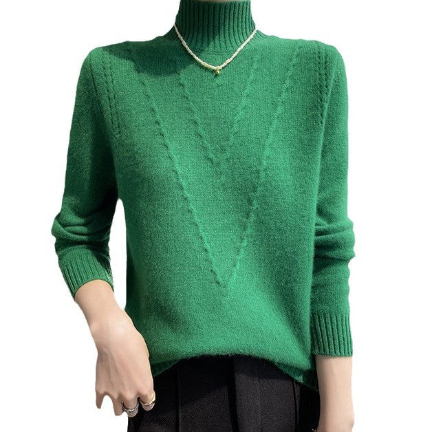 Damen weicher Strickpullover mit hohen Kragen und V-Design EB