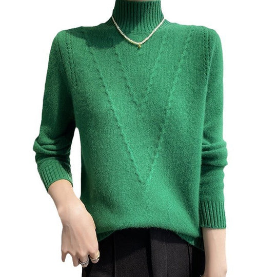 Damen weicher Strickpullover mit hohen Kragen und V-Design EB