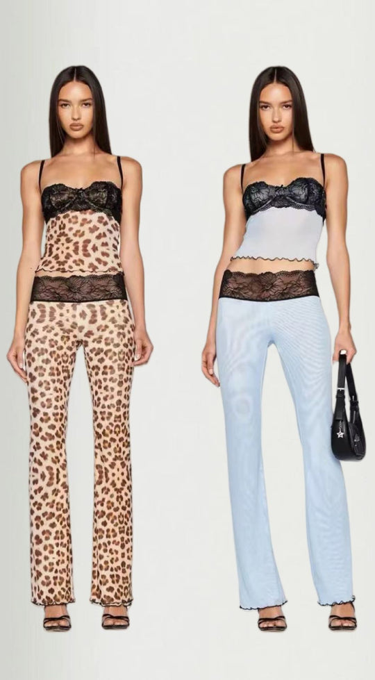 Damen Leggings mit elegantem Spitzenbund und modischem Tiermuster EB