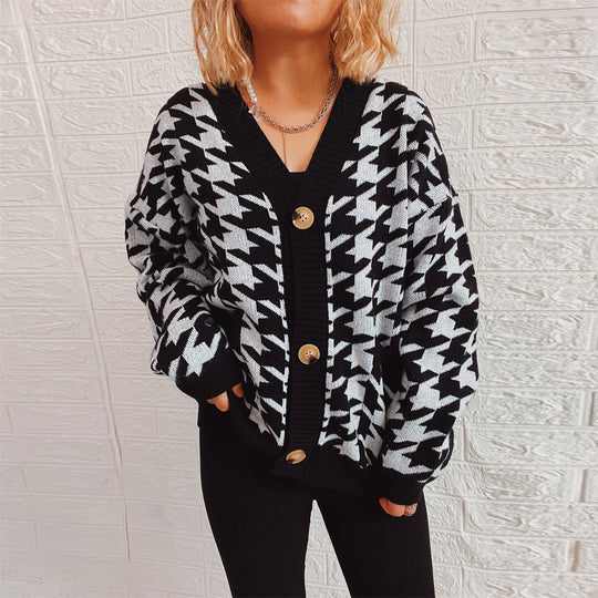 Damen gemütlicher Strickcardigan mit modernen Hahnentrittmuster und Knopfdetails EB