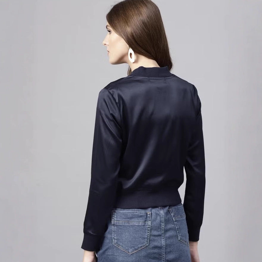 Damen Kurze Satin-Bomberjacke mit Reißverschluss, Rippbündchen und Eingrifftaschen EB