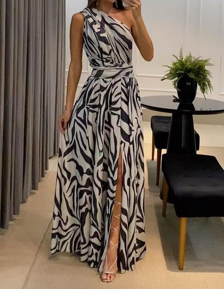 Damen Elegantes Maxikleid mit asymmetrischem Ausschnitt und Schlitz EB