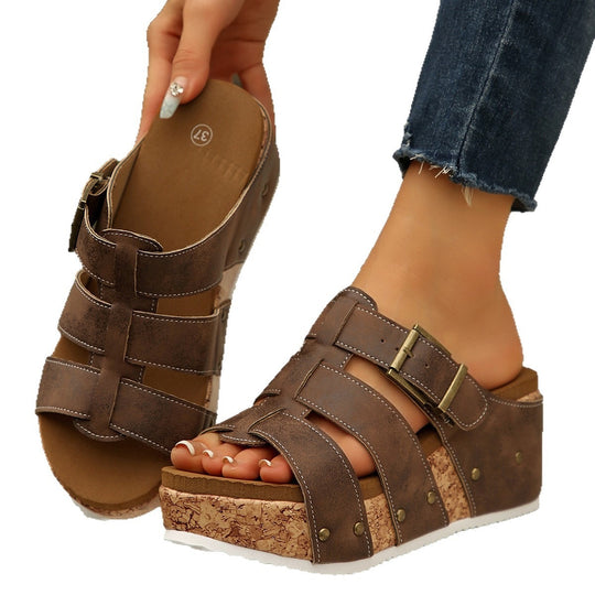 Damen modische Keil-Sandalen mit verstellbaren Riemen und korkähnlicher Sohle EB