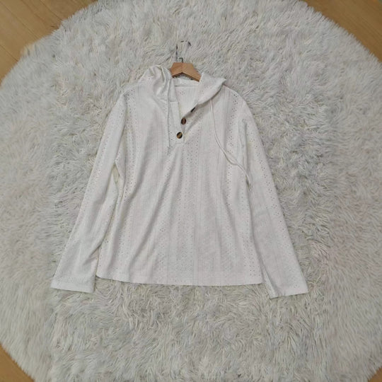 Damen lässiges Hoodie-Oberteil mit Knopfleiste und modernem Lochmuster EB