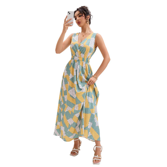 Damen Maxikleid mit tiefem V-Ausschnitt und modischem geometrischen Muster EB