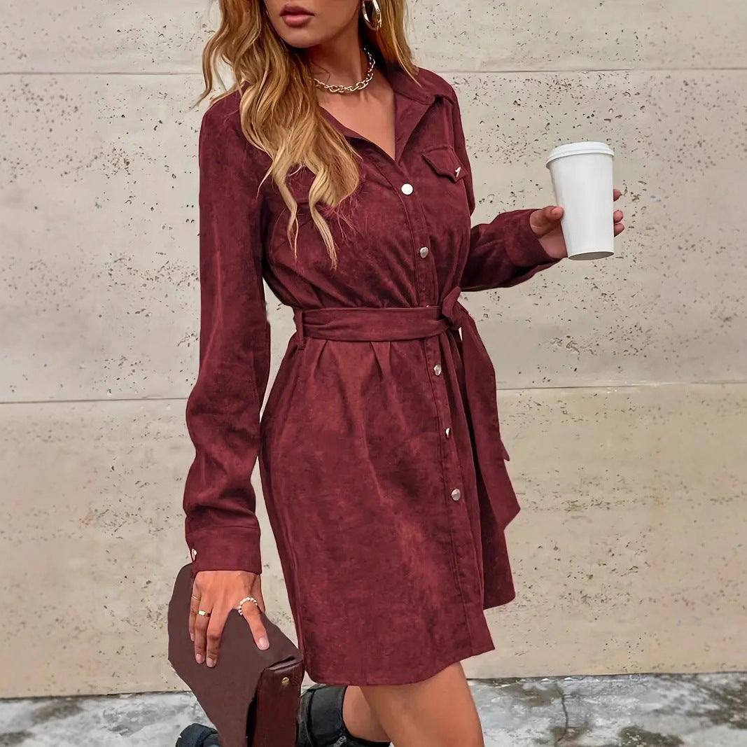 Damen Hemdblusenkleid mit Gürtel und Taschen EB