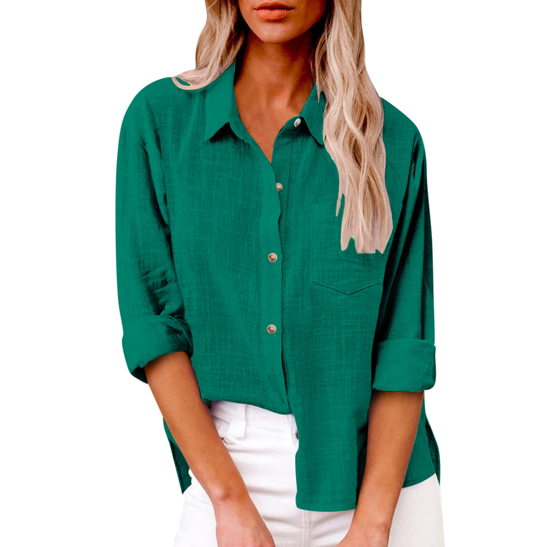 Damen nan oversized Leinen-Baumwollmix Hemdbluse mit Brusttasche und krempelbaren Ärmeln EB