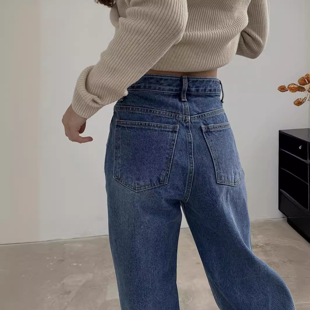 Damen nan hochgeschnittene weite Denim-Hose mit V-förmiger Bundnaht und extra-langem Bein EB