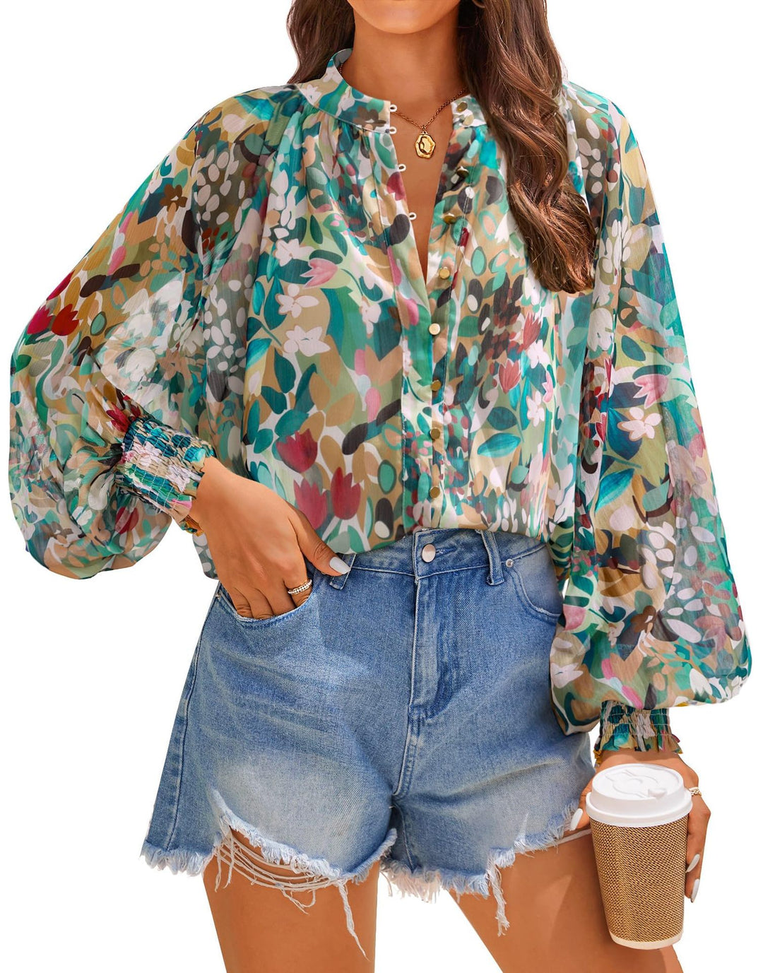 Damen Bluse mit kunstvollem Druck und geschöpften Ärmeln EB