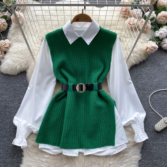 Damen Lagenlook-Bluse mit Rippstrick-Überwurf und Taillengürtel EB
