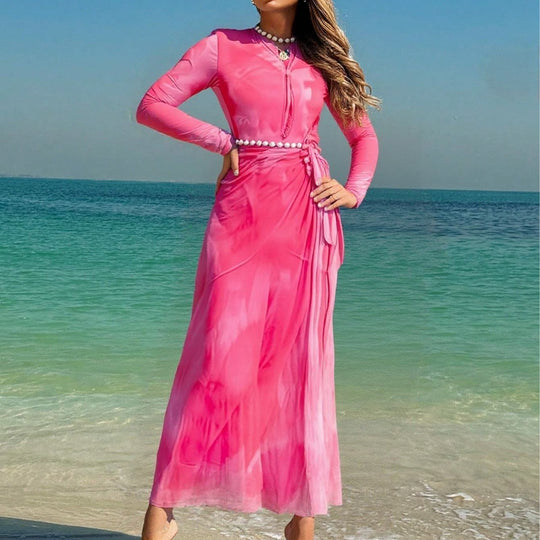 Damen Elegantes Strandkleid mit transparenten Ärmeln und drapiertem Design EB