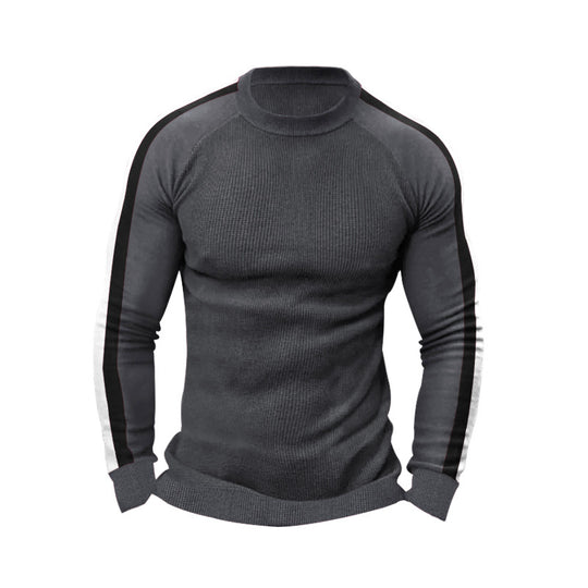 Herren sportlicher Strickpullover mit kontrastierenden Ärmeln und hohem Kragen EB
