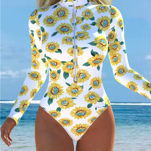 Damen Einteiler Badeanzug mit modischem Blumenmuster und hohem Kragen EB
