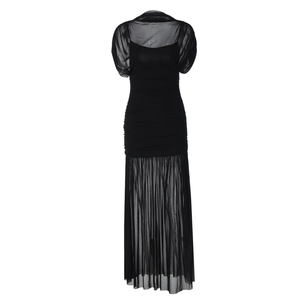 Damen Maxi-Kleid mit transparenten Puffärmeln und elegantem Raffungseffekt EB