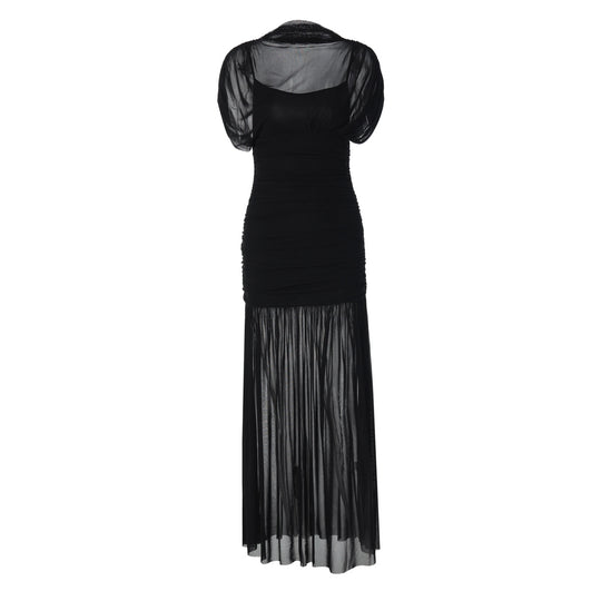 Damen Maxi-Kleid mit transparenten Puffärmeln und elegantem Raffungseffekt EB