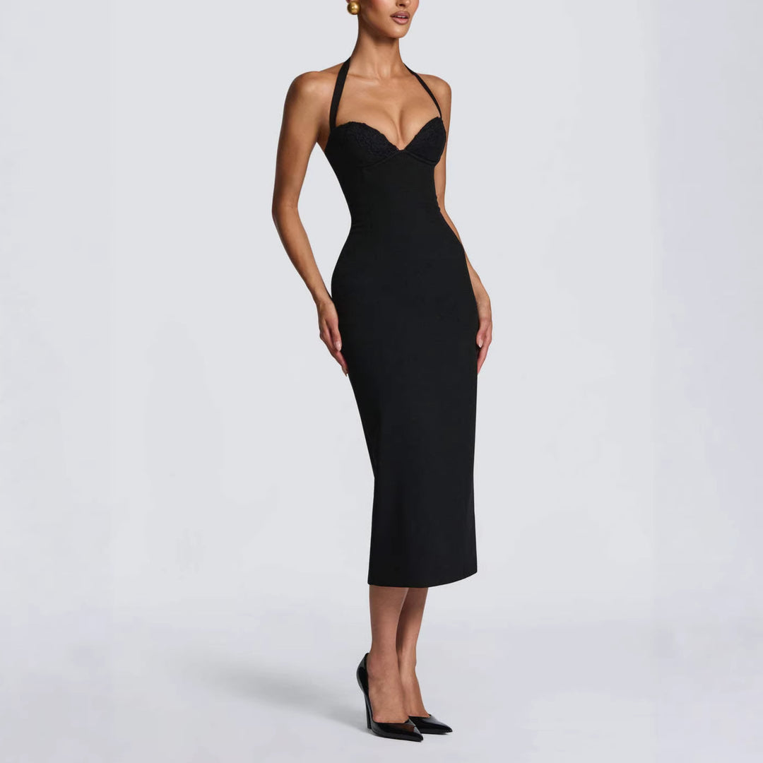 Damen Figurbetontes Midi-Kleid mit Herzausschnitt und verstellbaren Trägern EB