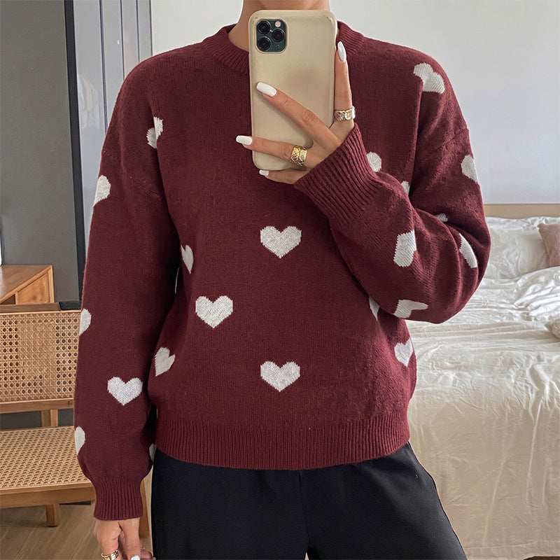 Damen Grobstrick-Pullover mit Herzintarsien und klassischem Rundhalsausschnitt EB