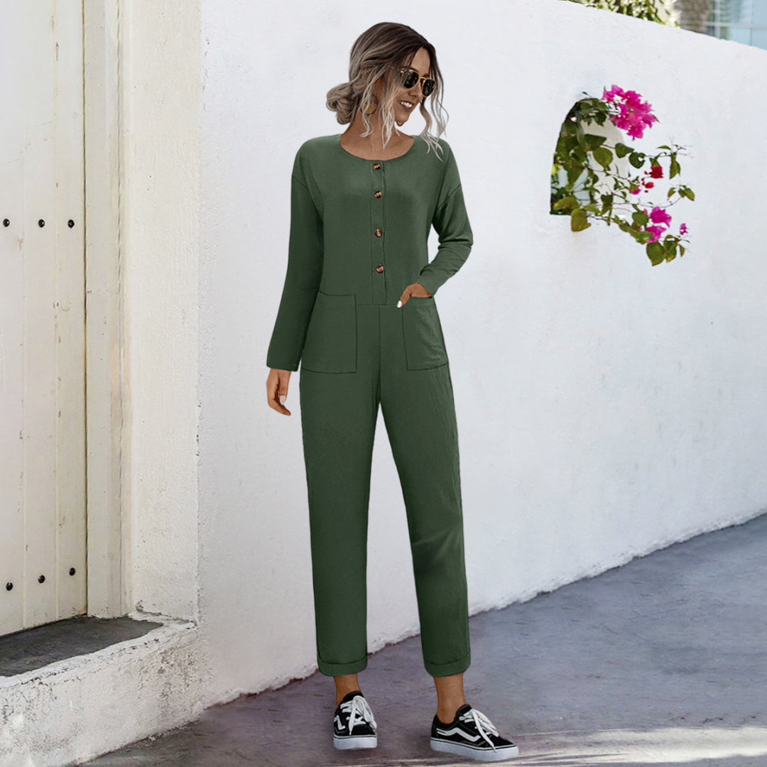 Damen lässiger Jumpsuit mit praktischen Taschen und elegantem Knopfdesign EB