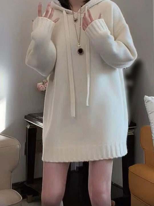 Damen Oversized Strick-Hoodiekleid mit Kordelzug und Taschen EB
